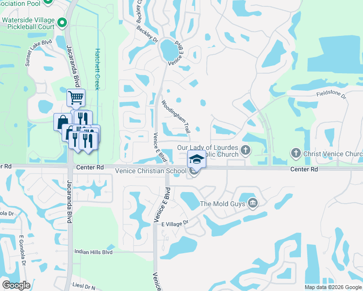 map of restaurants, bars, coffee shops, grocery stores, and more near 114 Woodingham Drive in Venice