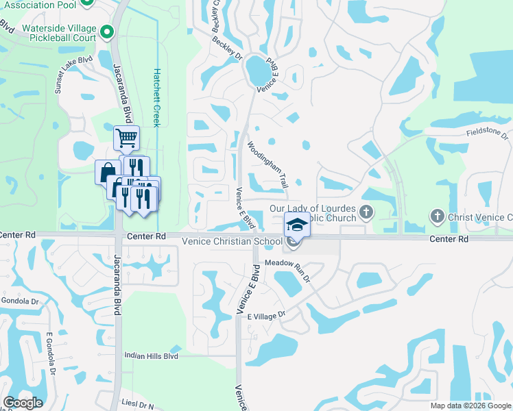 map of restaurants, bars, coffee shops, grocery stores, and more near 107 Woodingham Drive in Venice