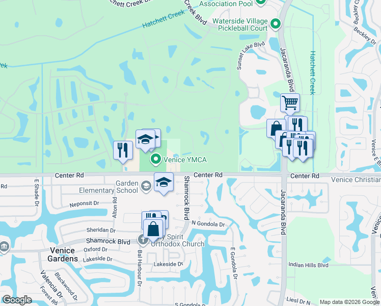 map of restaurants, bars, coffee shops, grocery stores, and more near 1940 San Silvestro Drive in Venice