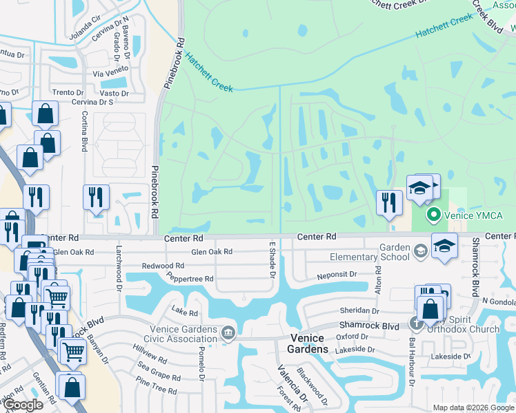 map of restaurants, bars, coffee shops, grocery stores, and more near 1146 Kittiwake Drive in Venice