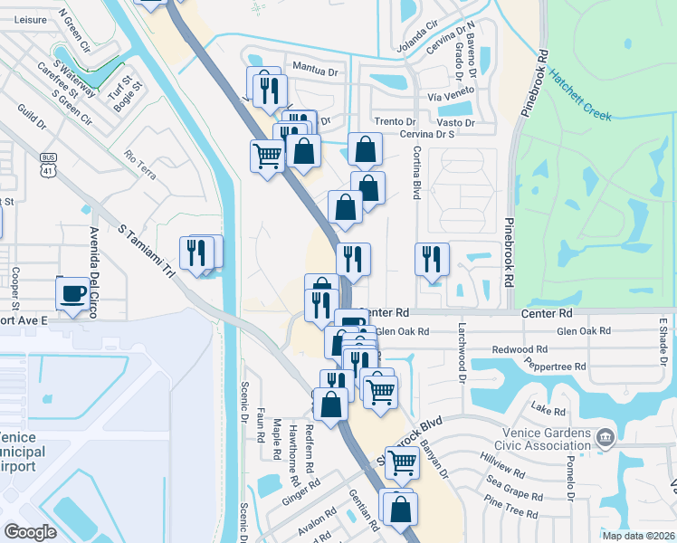 map of restaurants, bars, coffee shops, grocery stores, and more near 1307 Venice Bypass in Venice