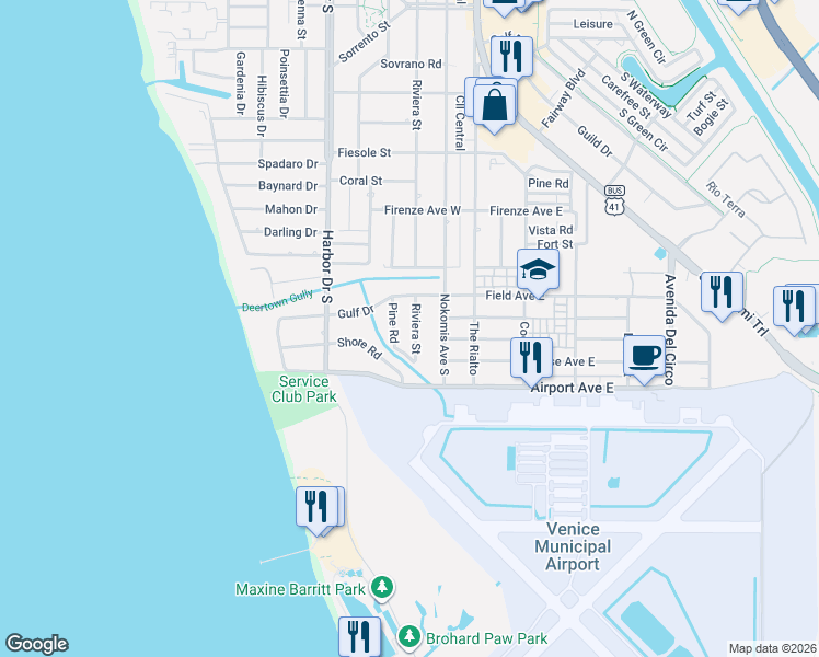 map of restaurants, bars, coffee shops, grocery stores, and more near 1113 Pine Road in Venice