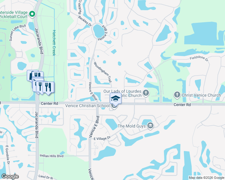 map of restaurants, bars, coffee shops, grocery stores, and more near 114 Woodingham Drive in Venice