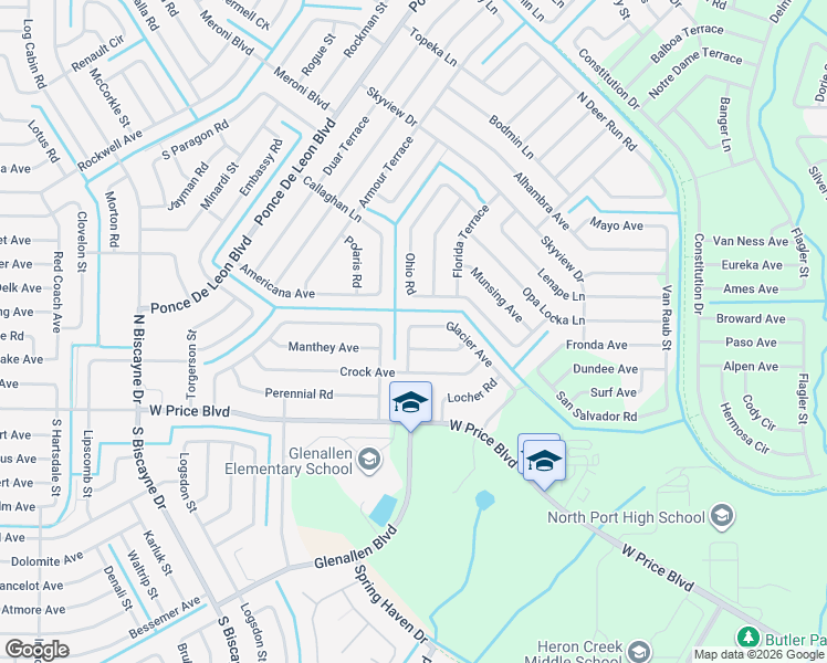 map of restaurants, bars, coffee shops, grocery stores, and more near 6980 Glacier Avenue in North Port