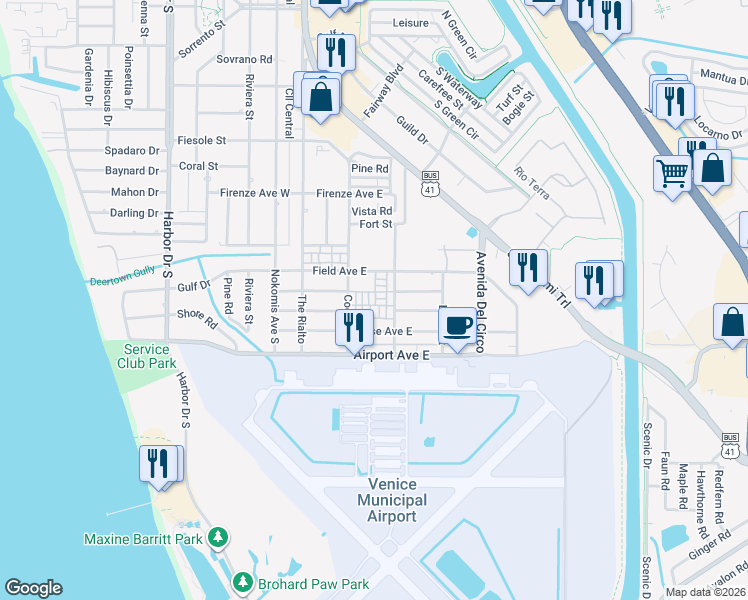 map of restaurants, bars, coffee shops, grocery stores, and more near 210 Field Avenue East in Venice