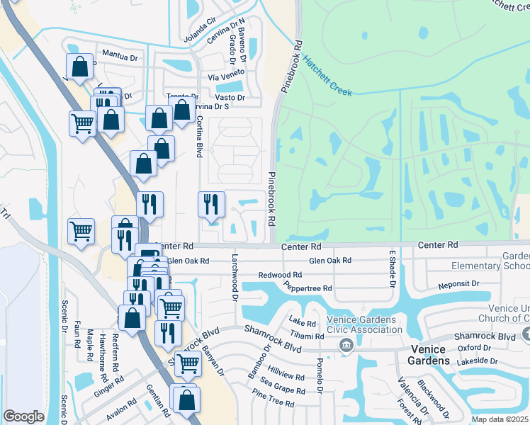 map of restaurants, bars, coffee shops, grocery stores, and more near 335a 3 Lakes Lane in Venice