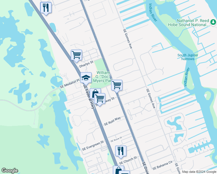 map of restaurants, bars, coffee shops, grocery stores, and more near 8260 Southeast Washington Avenue in Hobe Sound