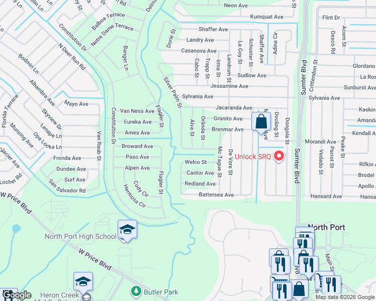 map of restaurants, bars, coffee shops, grocery stores, and more near 5947 Silver Palm Street in North Port