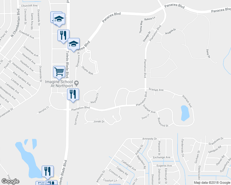 map of restaurants, bars, coffee shops, grocery stores, and more near 1987 Scarlett Avenue in North Port