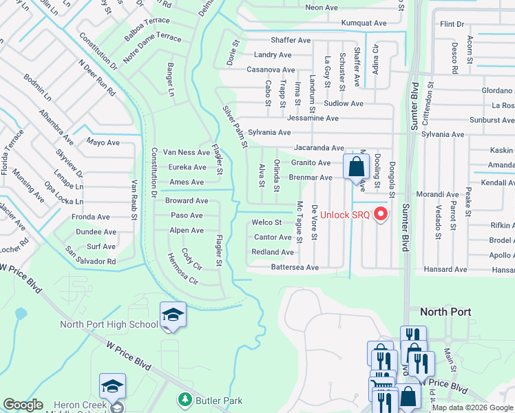 map of restaurants, bars, coffee shops, grocery stores, and more near 5947 Silver Palm Street in North Port