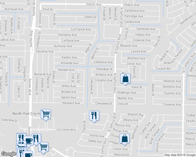 map of restaurants, bars, coffee shops, grocery stores, and more near 4258 Corydon Avenue in North Port