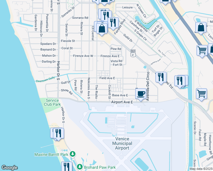 map of restaurants, bars, coffee shops, grocery stores, and more near 120 Aurora Street West in Venice
