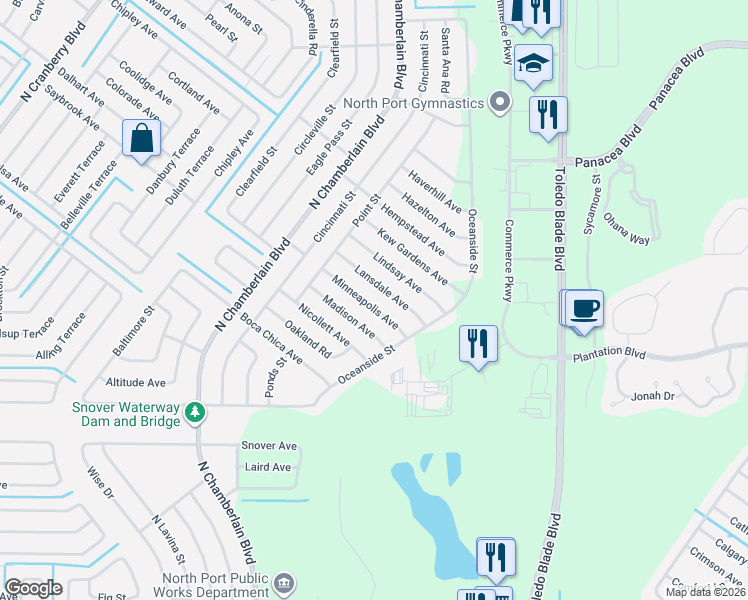 map of restaurants, bars, coffee shops, grocery stores, and more near 1570 Minneapolis Avenue in North Port