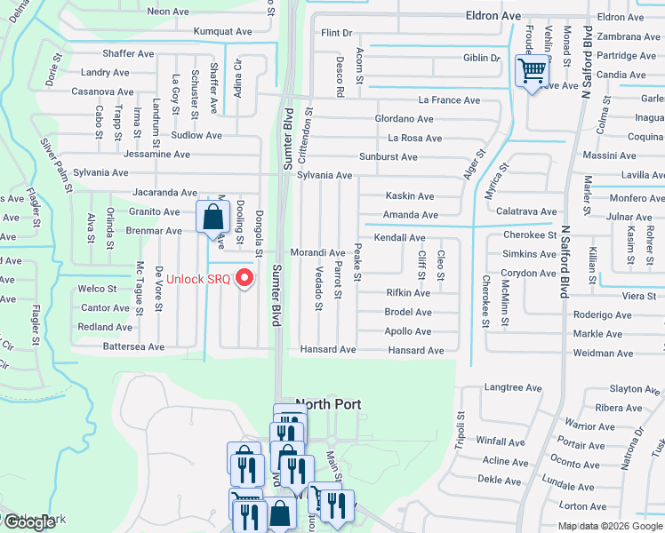 map of restaurants, bars, coffee shops, grocery stores, and more near 2564 Parrot Street in North Port