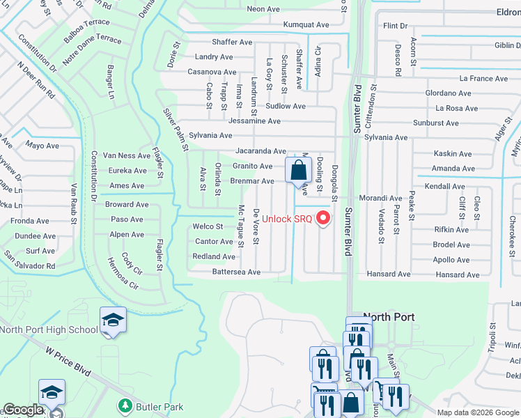 map of restaurants, bars, coffee shops, grocery stores, and more near 2593 De Vore Street in North Port