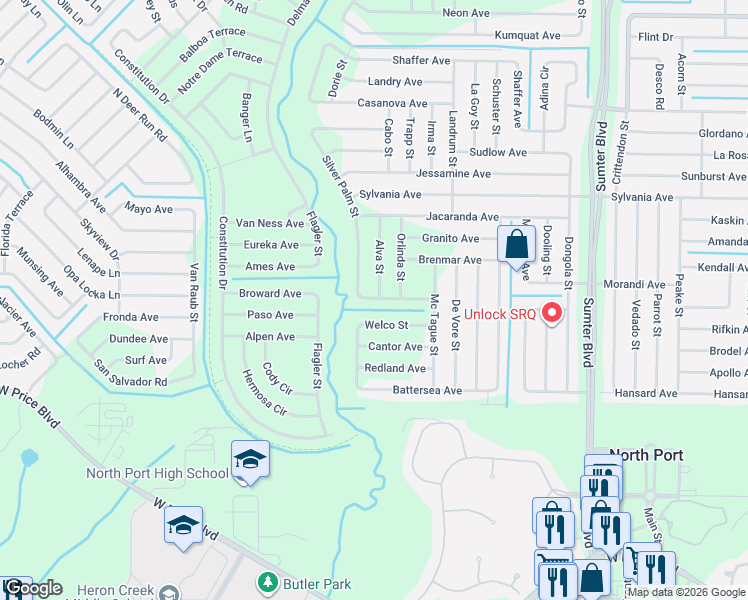 map of restaurants, bars, coffee shops, grocery stores, and more near 5947 Silver Palm Street in North Port