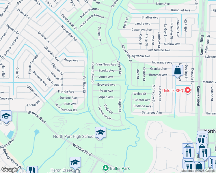 map of restaurants, bars, coffee shops, grocery stores, and more near Broward Avenue in North Port