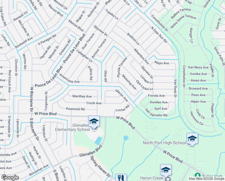 map of restaurants, bars, coffee shops, grocery stores, and more near 6915 Glacier Avenue in North Port