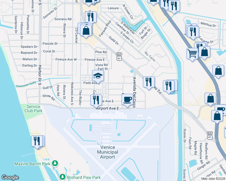 map of restaurants, bars, coffee shops, grocery stores, and more near 304 Aurora Street East in Venice