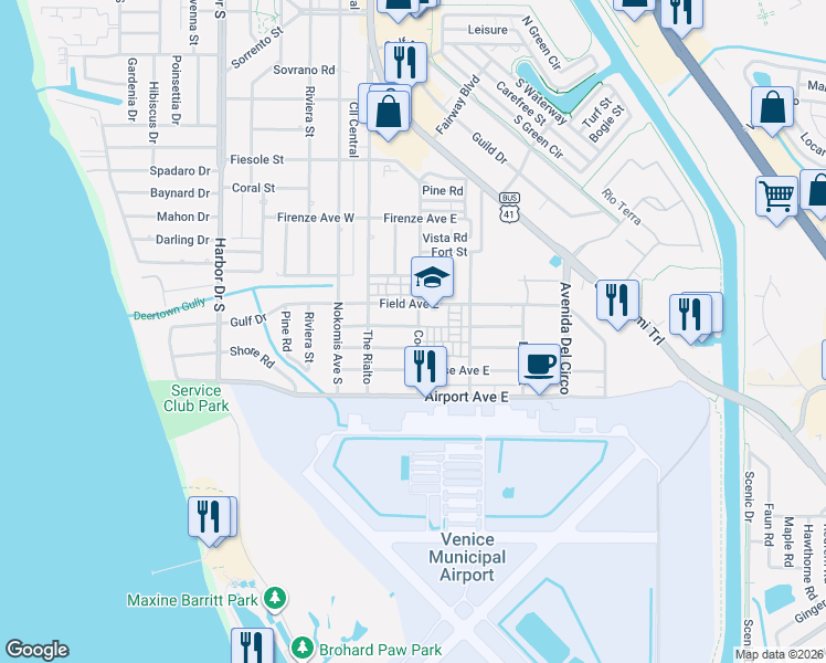 map of restaurants, bars, coffee shops, grocery stores, and more near 120 Aurora Street West in Venice