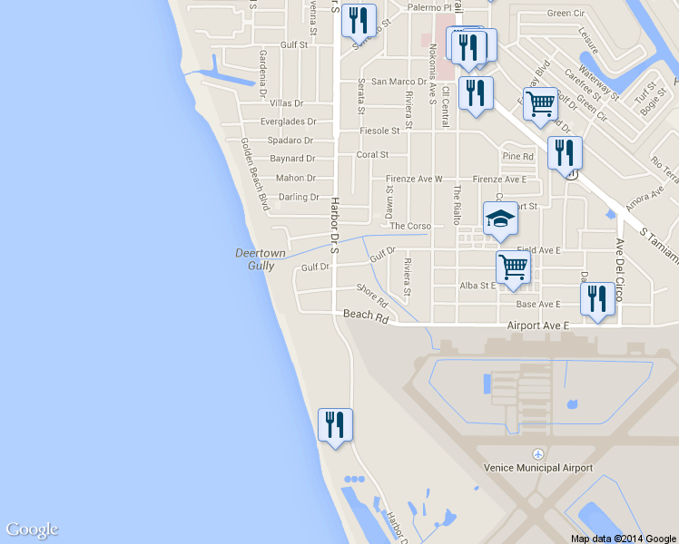 map of restaurants, bars, coffee shops, grocery stores, and more near 1100 Harbor Drive South in Venice