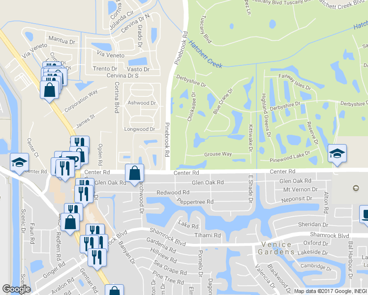 map of restaurants, bars, coffee shops, grocery stores, and more near 990 Chickadee Drive in Venice