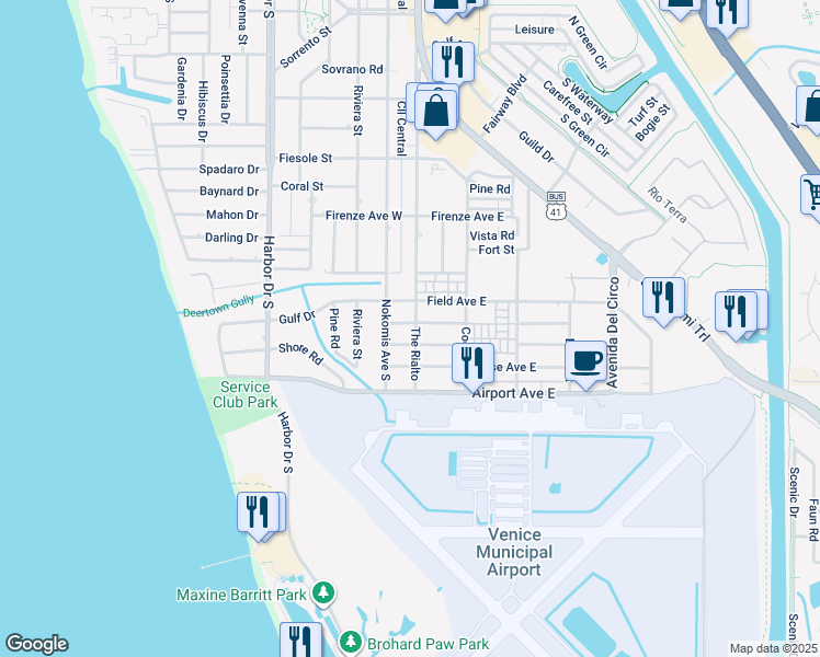 map of restaurants, bars, coffee shops, grocery stores, and more near 100 Aurora Street West in Venice