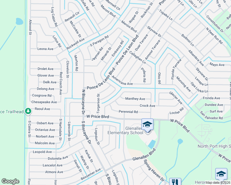 map of restaurants, bars, coffee shops, grocery stores, and more near 1711 Skagway Terrace in North Port