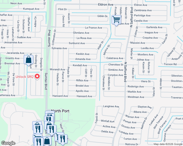 map of restaurants, bars, coffee shops, grocery stores, and more near 2567 Cleo Street in North Port