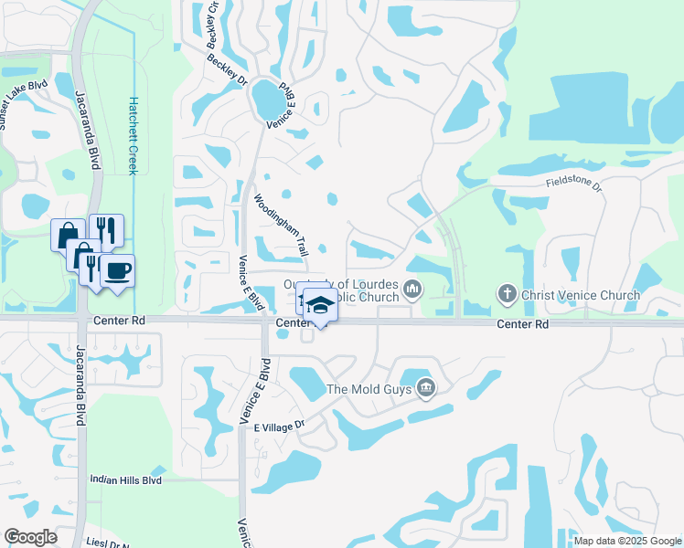 map of restaurants, bars, coffee shops, grocery stores, and more near 127 Wayforest Drive in Venice