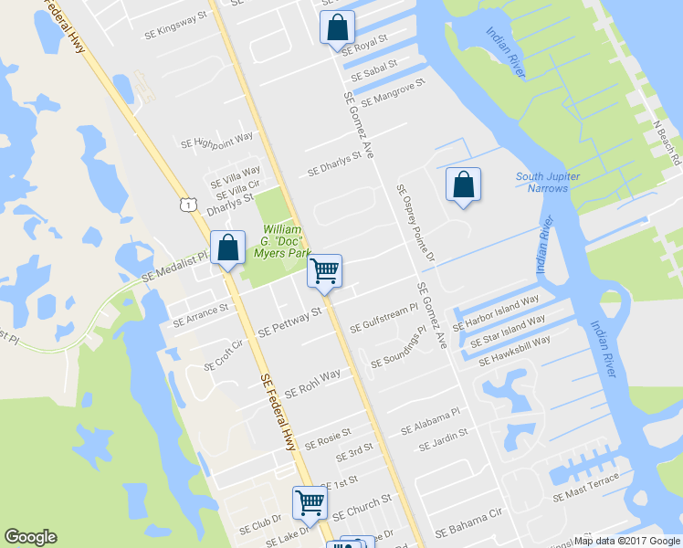 map of restaurants, bars, coffee shops, grocery stores, and more near 8416 Southeast Bayberry Terrace in Hobe Sound