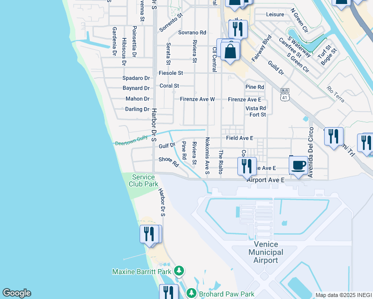 map of restaurants, bars, coffee shops, grocery stores, and more near 1113 Pine Road in Venice