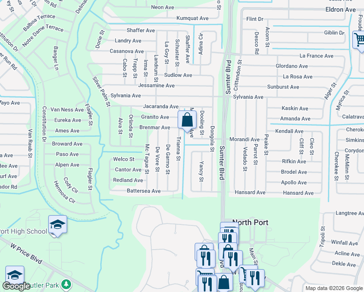 map of restaurants, bars, coffee shops, grocery stores, and more near 2576 Trianna Street in North Port