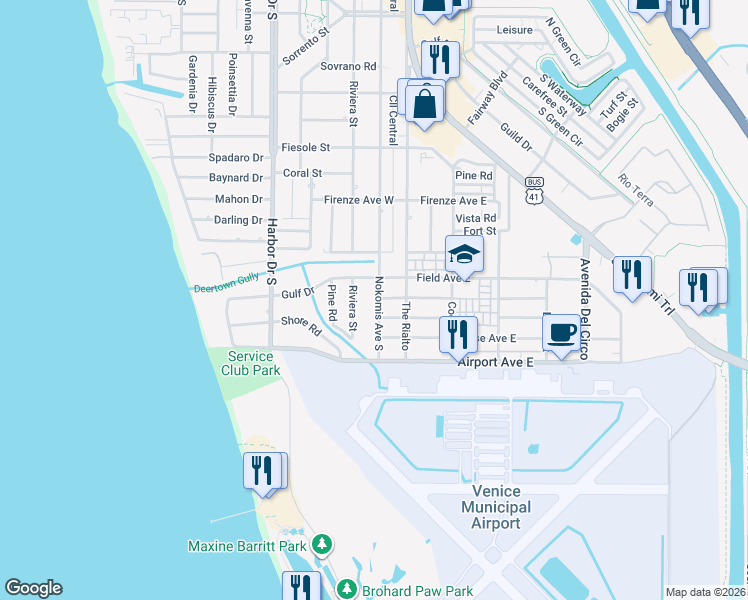 map of restaurants, bars, coffee shops, grocery stores, and more near 1114 Nokomis Avenue South in Venice