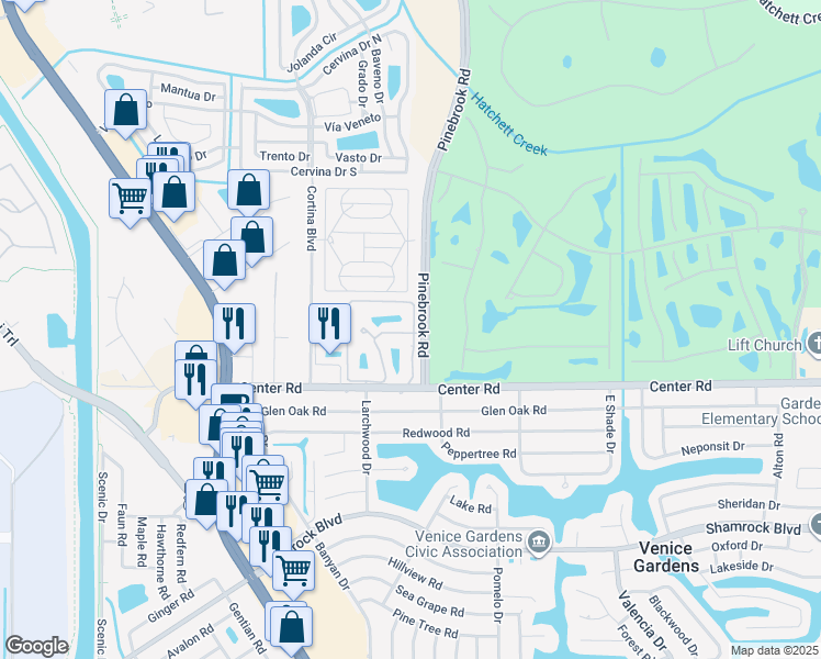 map of restaurants, bars, coffee shops, grocery stores, and more near 335a 3 Lakes Lane in Venice