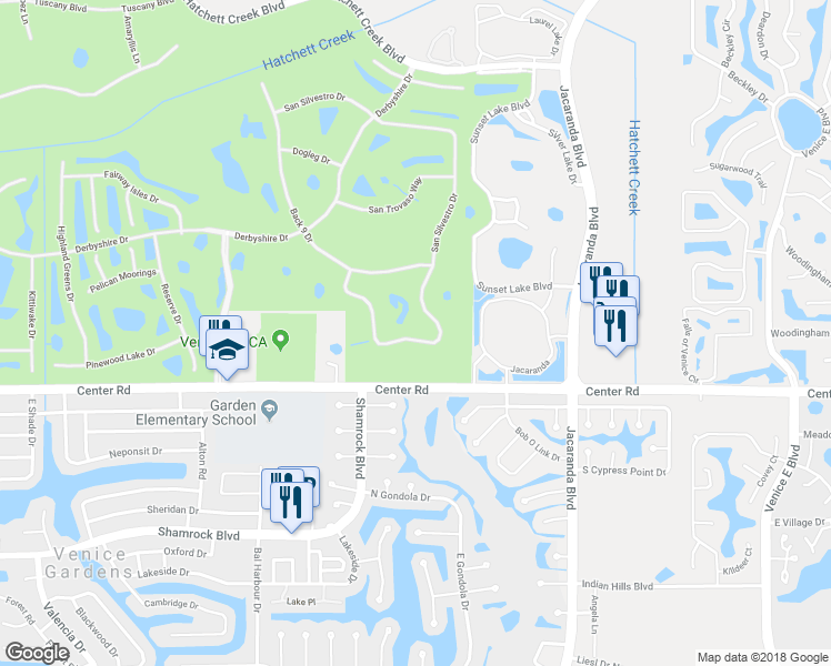 map of restaurants, bars, coffee shops, grocery stores, and more near 1892 San Silvestro Drive in Venice