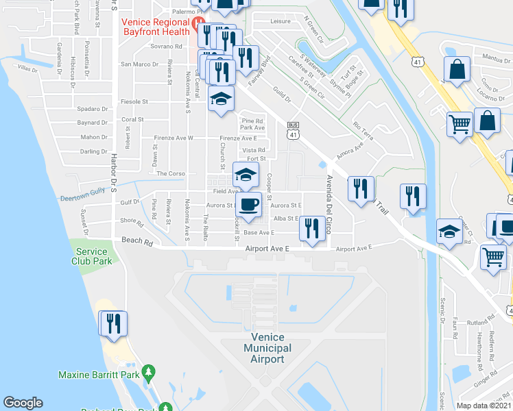 map of restaurants, bars, coffee shops, grocery stores, and more near Aurora Street East in Venice