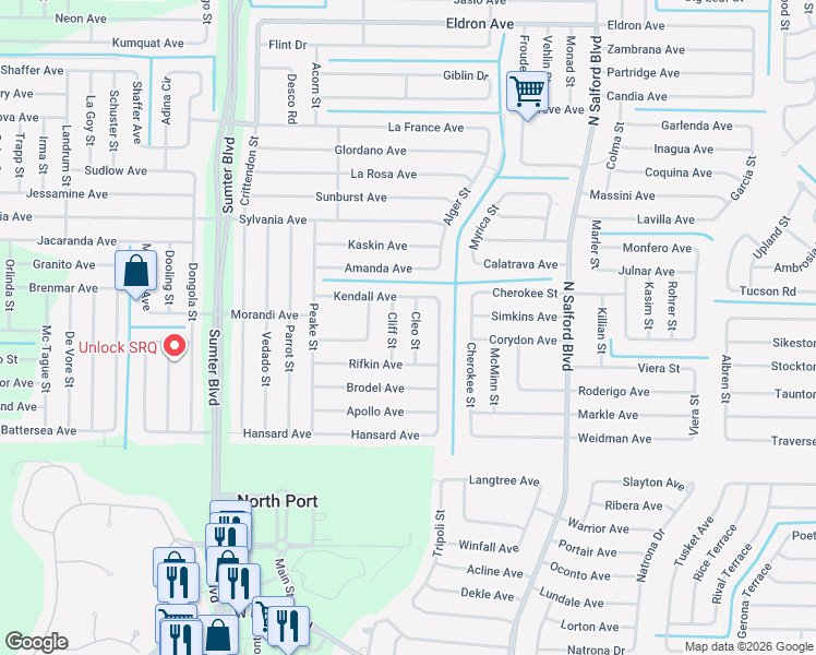 map of restaurants, bars, coffee shops, grocery stores, and more near 2567 Cleo Street in North Port