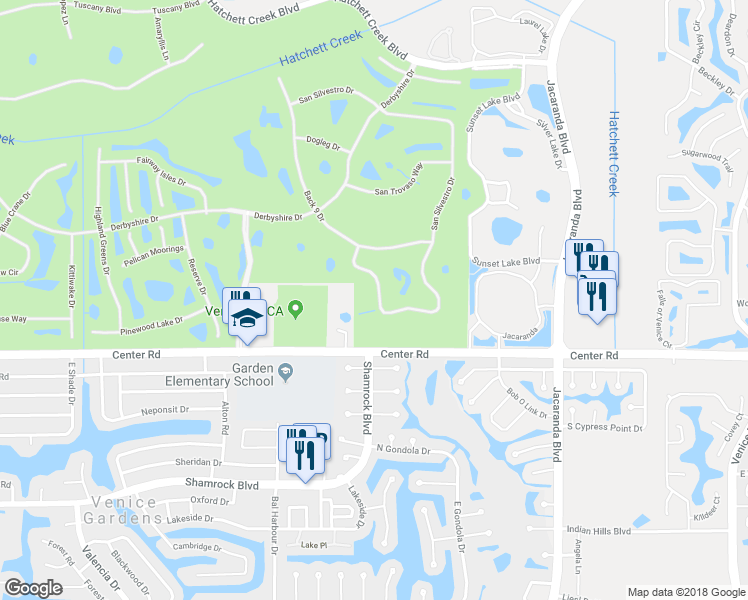 map of restaurants, bars, coffee shops, grocery stores, and more near 1940 San Silvestro Drive in Venice