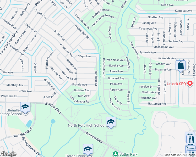 map of restaurants, bars, coffee shops, grocery stores, and more near 2256 Van Raub Street in North Port