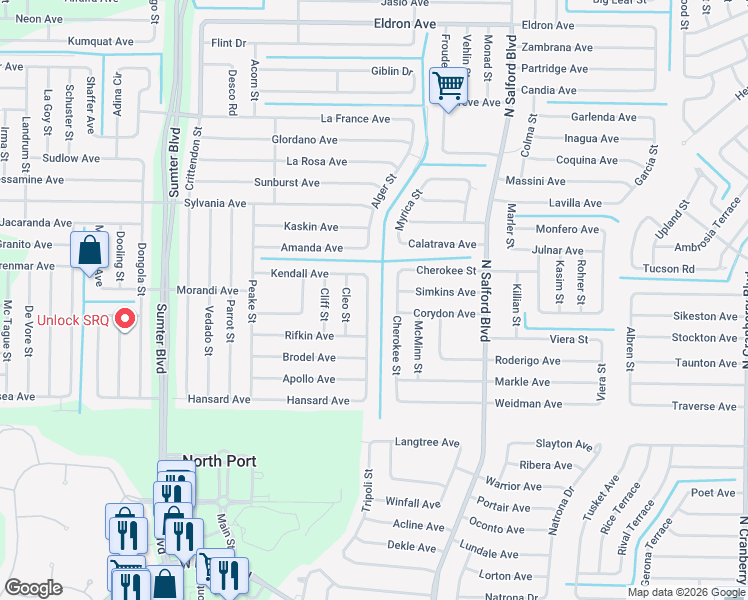 map of restaurants, bars, coffee shops, grocery stores, and more near 2580 Belvidere Street in North Port