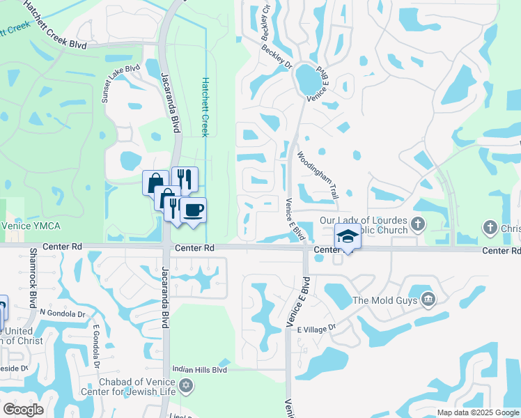 map of restaurants, bars, coffee shops, grocery stores, and more near 1412 Falls of Venice Circle in Venice