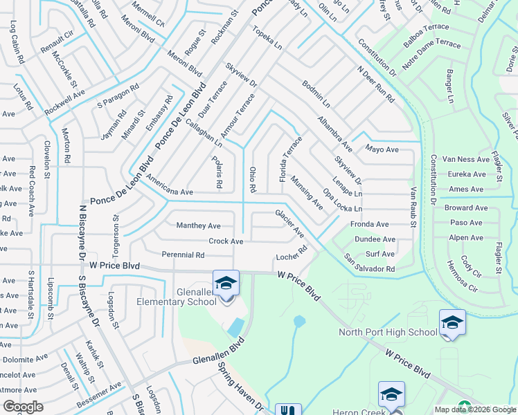map of restaurants, bars, coffee shops, grocery stores, and more near 6980 Glacier Avenue in North Port