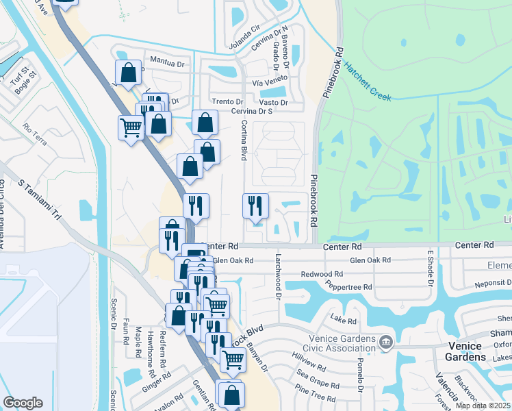map of restaurants, bars, coffee shops, grocery stores, and more near 1321 Cortina Boulevard in Venice