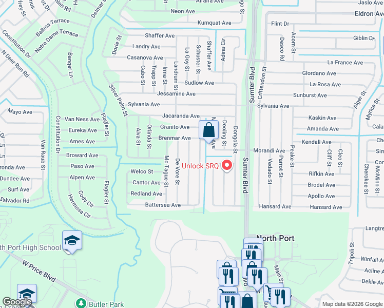 map of restaurants, bars, coffee shops, grocery stores, and more near 2590 De Garmo Street in North Port
