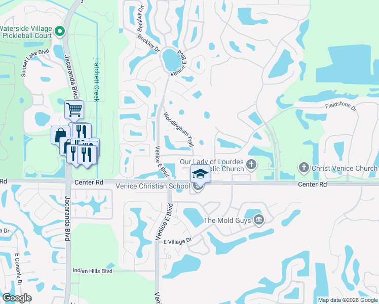 map of restaurants, bars, coffee shops, grocery stores, and more near 114 Woodingham Drive in Venice