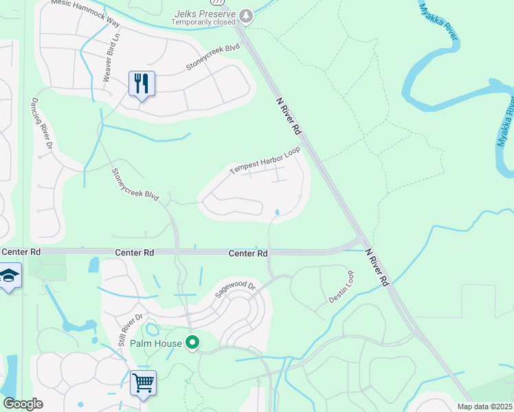 map of restaurants, bars, coffee shops, grocery stores, and more near 11819 Tempest Harbor Loop in Venice
