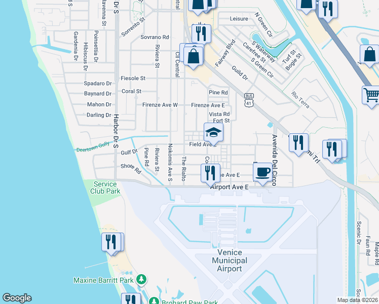 map of restaurants, bars, coffee shops, grocery stores, and more near 100 Aurora Street West in Venice