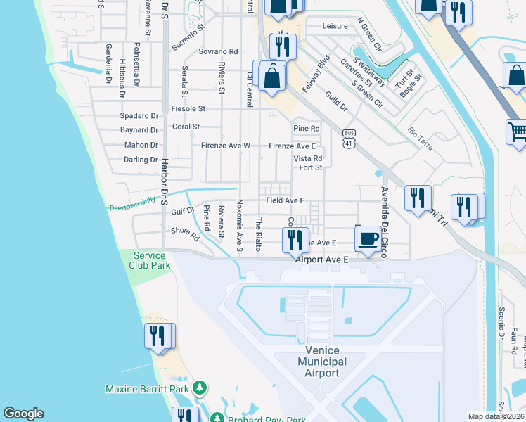 map of restaurants, bars, coffee shops, grocery stores, and more near 100 Aurora Street West in Venice
