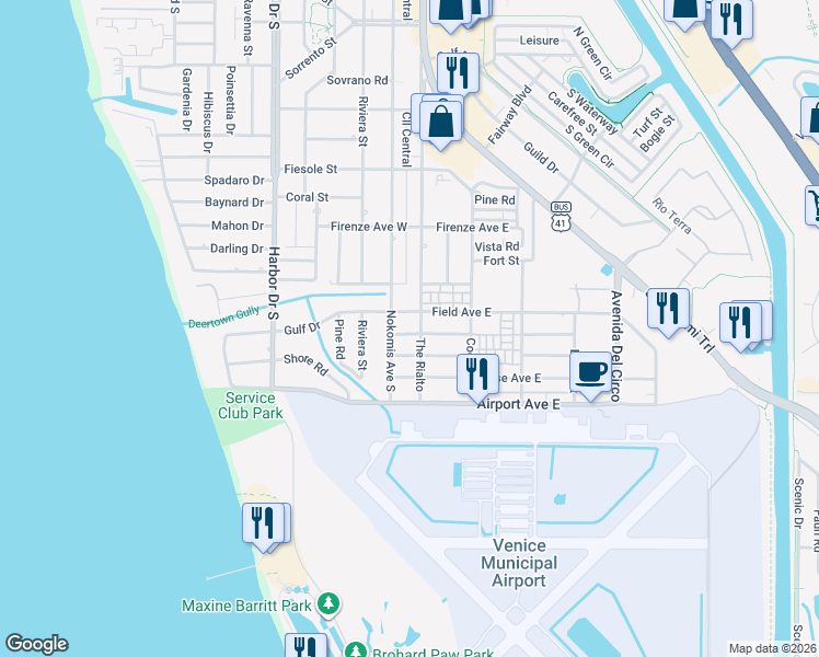 map of restaurants, bars, coffee shops, grocery stores, and more near 100 Aurora Street West in Venice